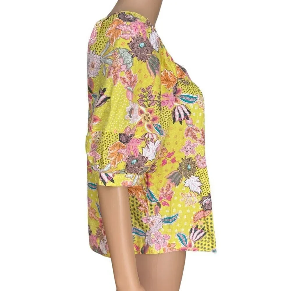 LOFT linen blend Yellow Floral Peasant Colorful Abstract blouse puff sleeves M